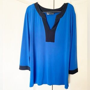 Miss York Blue Black Colorblock V-Neck Blouse 3/4 Sleeve